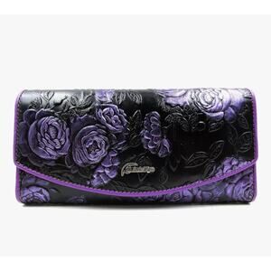 ArtEye Roses Embossed Genuine Leather Trifold Wallet Purse (Purple) New